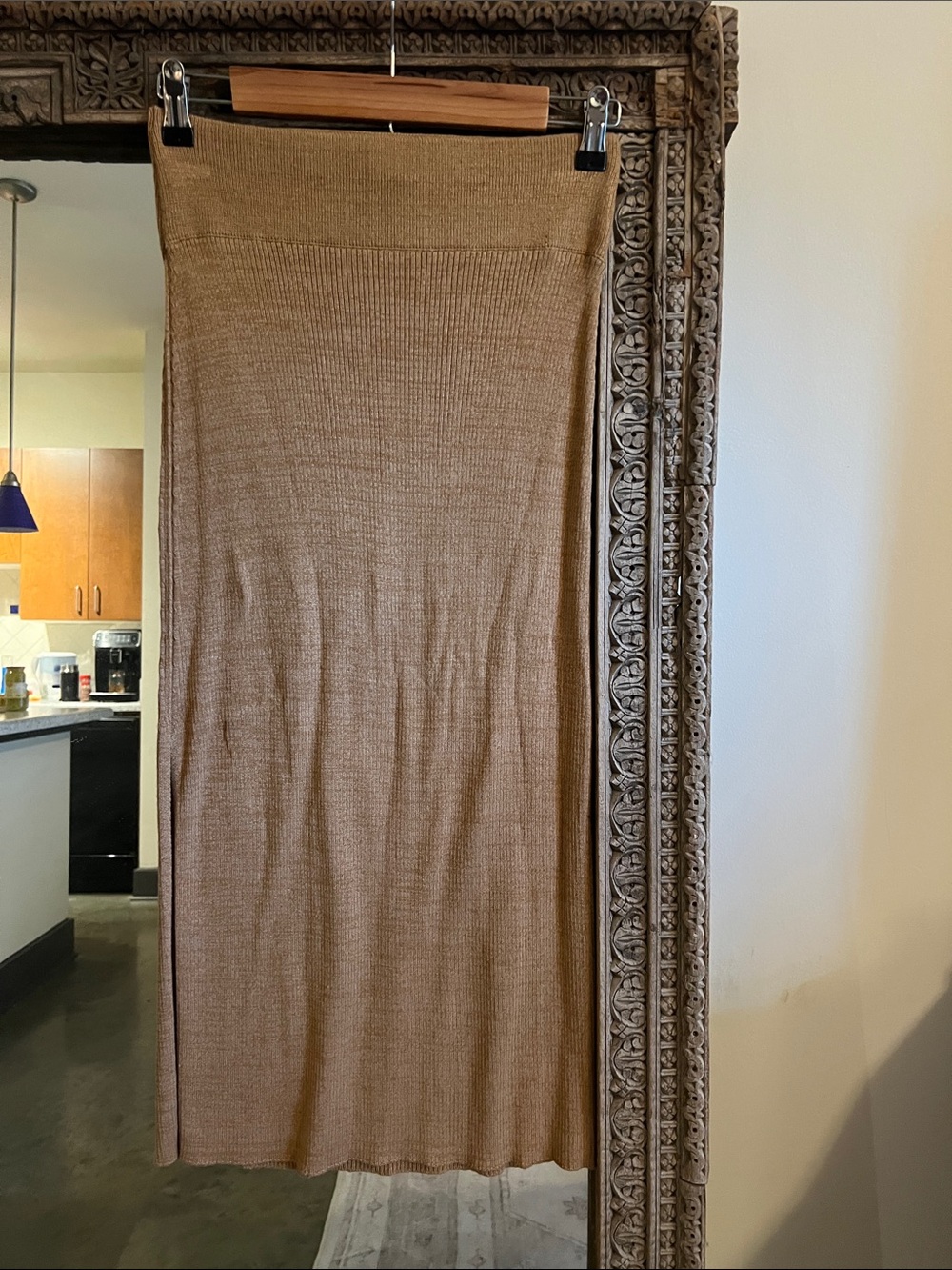 Free People Ribbed Midi Skirt in Camel Tan